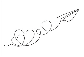 Heart one line.Heart line art.Flying paper airplane with heart .Heart air route .Valentines Day.Love travel route.Airplane line path continuous line .