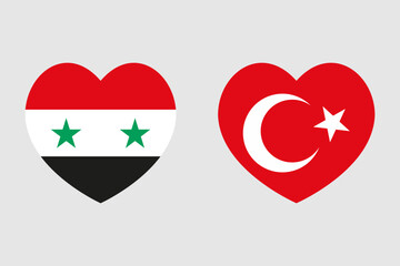 Hearts with flags of Syria and Turkey on a white background. Vector illustration