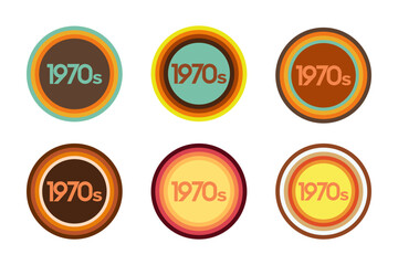 1970s, a set of colored round vintage elements. Retro background