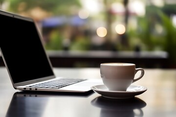 Online Business with Laptop on Table and Blurred Background of White Coffee Cup Closeup