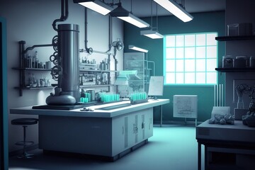 Fototapeta na wymiar Laboratory stylish interior with lab equipment. 3d, generative AI