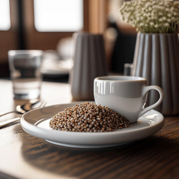 Natural brown cooked buckwheat porridge on a white plate on the table in a restaurant. Generative AI, generative artificial intelligence