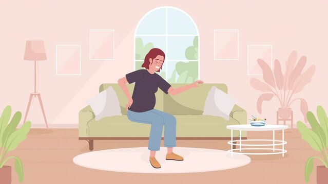Animated pregnancy backaches. Pregnant woman on sofa struggling with lower back pain. Flat color 2D cartoon character animation with living room on background. 4K video footage with alpha channel