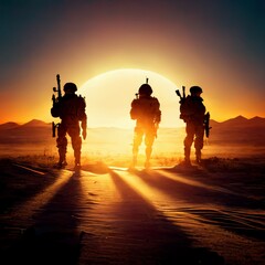 Fototapeta na wymiar Soldiers, sunset in the desert. Generative AI