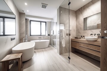 Fototapeta na wymiar the hotel's interior, white bathroom. Generative AI