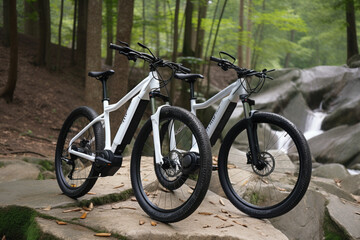 Fototapeta na wymiar Two mountain bikes stand on the edge of a mountainous area. AI Generated