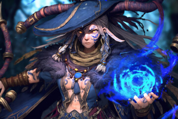 sexy sorcerer conjuring a powerful spell in a mystical forest. The style is high fantasy with a focus on the sorcerer's intricate clothing and the intricate detailing in the spell's magic. Ai