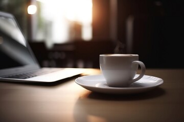 Online Business with Laptop on Table and Blurred Background of White Coffee Cup Closeup