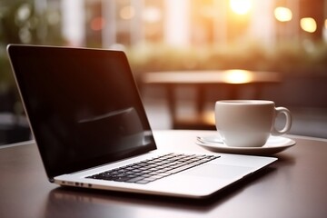 Fototapeta premium Online Business with Laptop on Table and Blurred Background of White Coffee Cup Closeup
