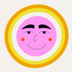Smiling sun, abstract personage, mascot design, funny face, cute icon.