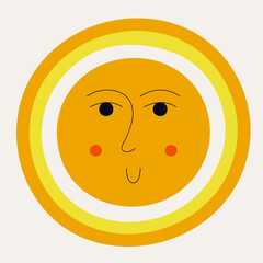 Smiling sun, abstract personage, mascot design, funny face, cute icon.