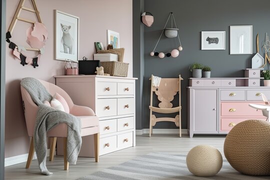a picture of a chic armchair and a chest of drawers in a well lit kids' room. Generative AI