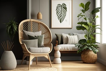 Fototapeta na wymiar stylish interior of living room with rattan chair, generative AI