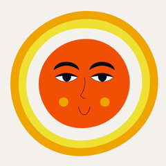 Smiling sun, abstract personage, mascot design, funny face, cute icon.