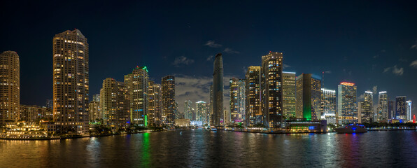 Night urban landscape of downtown district of Miami Brickell in Florida, USA. Skyline with brightly illuminated high skyscraper buildings in modern american megapolis