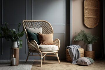 stylish interior of living room with rattan chair, generative AI