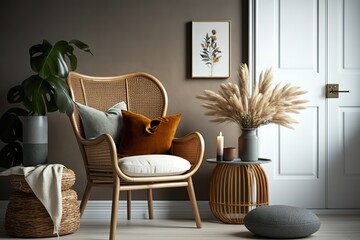 stylish interior of living room with rattan chair, generative AI