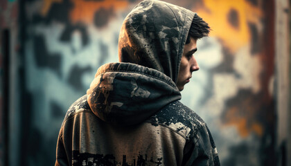 Young fictional man with hoodie, standing by graffiti wall in the city.