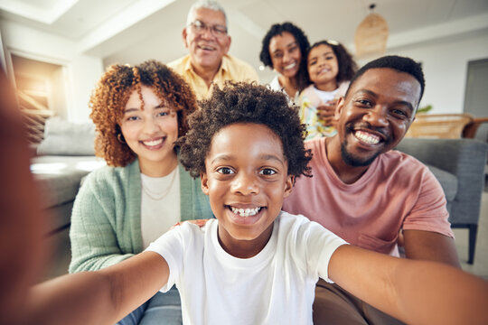 Care, smile and selfie with black family in living room for social media, bonding and relax. Happiness, picture and generations with parents and children at home for memory, support and weekend