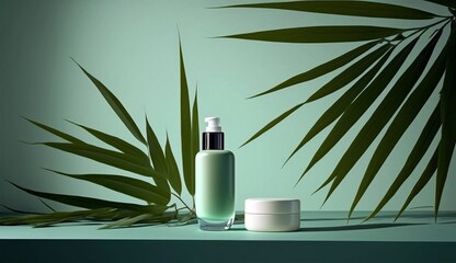 Modern bamboo palm tree in sunlight, leaf shadow on green wall background for luxury beauty treatment product display.