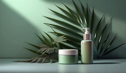 Modern bamboo palm tree in sunlight, leaf shadow on green wall background for luxury beauty treatment product display.