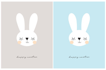 Vector Illustration of Easter Bunny. Cute White dreamy Bunny and Black Handwritten Happy Easter Wishes on a Light Gray and Pastel Blue Background. Lovely Hand Drawn Easter Print ideal for Card.