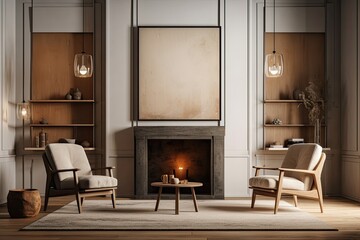 Interior of a living room with two armchairs, a fireplace, and white walls. Two bookcases and a vertical poster are present. a mockup Toned picture. Generative AI