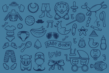 Set of doodle new baby born drawing isolated on blue background.