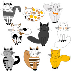 Set of cute and funny cats in doodle style