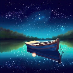 Boat on the Lake of the starry night. Illustration AI Generative.