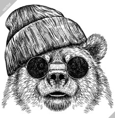 Vintage engrave isolated black bear set dressed fashion illustration ink costume sunglasses sketch. American grizzly background asian animal silhouette glasses hipster hat vector art