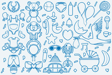 Set of blue doodle element new baby born drawing on white background.