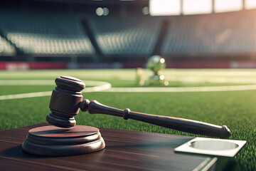 Sports law. Gavel justice, gavel with a sports stadium background. Law in sport.  Taxes on sports transfers. Soccer, football, baseball, track and field... Copy space. Generative AI
 - obrazy, fototapety, plakaty