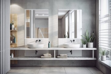 A long white and concrete shelf supports a double sink in this tiled and concrete bathroom, which is also topped with a long horizontal mirror. double exposure toned picture prototype. Generative AI