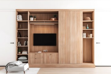 Isolated on white, a wooden wardrobe closet has a TV screen, books, and boxes. Generative AI