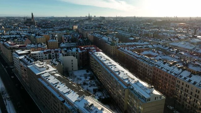 Aerial Stockholm, Vasastan and Birger Jarlsgatan, sunny snowy winter day