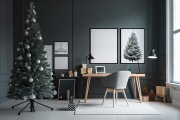 a fake poster frame Christmas themed office space. Generative AI