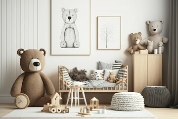 interior decor of a Scandinavian children's room with teddy bear, generative AI