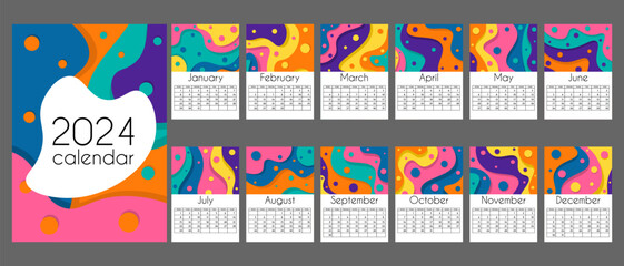Abstract calendar 2024 in vertical A4 format. Week starts on Monday. 12 months and cover. Colorful calendar with geometric waves. Modern flat style. With place for notes. Isolated on gray background.
