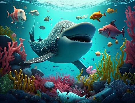 Generative ai. A whale shark swimming under a coral reef with a fish on it.