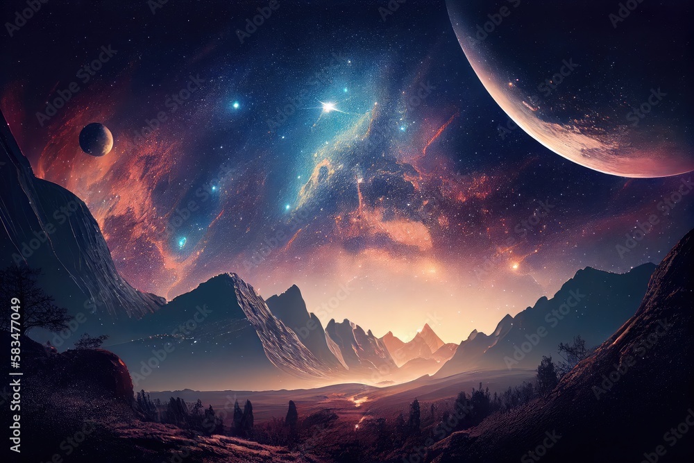 Wall mural majestic starry sky with view of distant galaxy in the background, created with generative ai