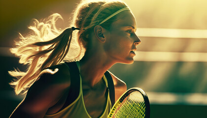 Fictional female tennis player with blonde hair playing a match in the sun