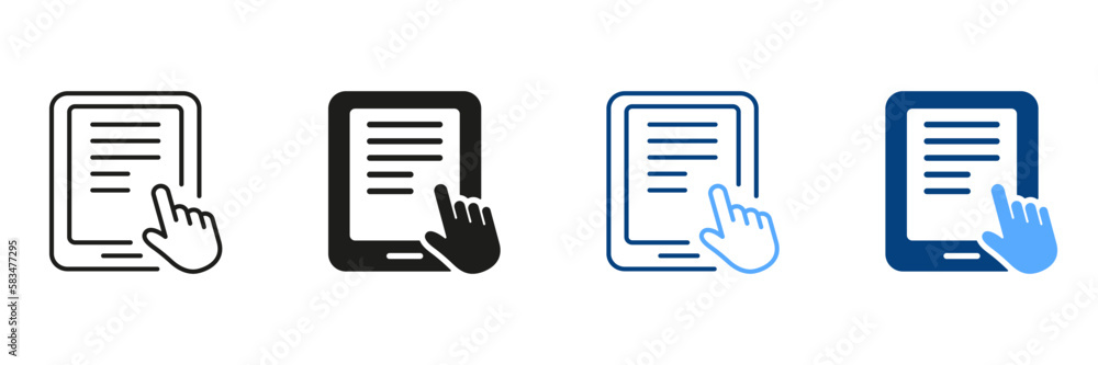 Poster ebook with mouse pointer silhouette and line icon set. electronic book device for education and lear