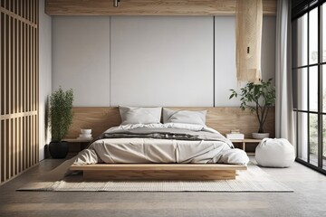 White bedsheets, white and grey pillows, a wooden nightstand, a beige concrete wall, and a wooden floor are all features of a contemporary bedroom decorated in a Scandinavian and Japanese style