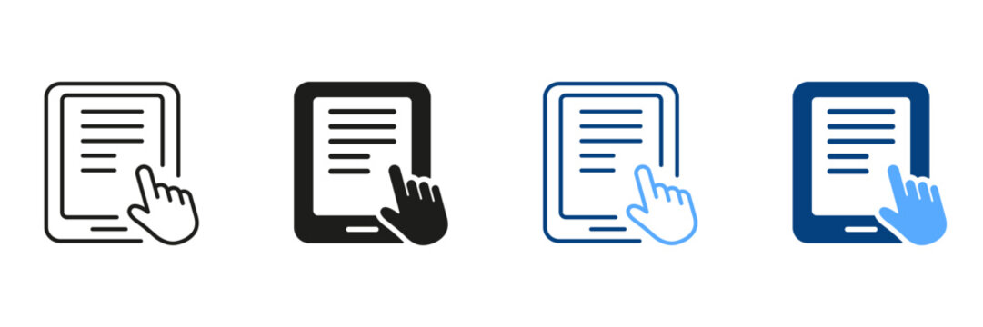 Ebook With Mouse Pointer Silhouette and Line Icon Set. Electronic Book Device for Education and Learning. E-Book Reader, E-reader Color Sign Collection. PC Tablet. Isolated Vector Illustration