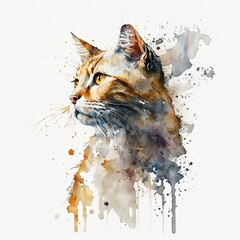 Watercolor Cat portrait, painted illustration of a cute domestic cat on a blank background, Colorful splashes animal head, AI generated