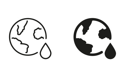 Planet Earth and Water Drop Silhouette and Line Icon Set. Save Water Concept. World Water Day. Global Liquid Resources of Earth. Black Symbol of Ecology and Environment. Isolated Vector illustration