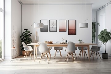 On a white background, front perspective, dining table set, wooden table on wooden floor, home interior, dining room and kitchen duplicate area. —. Generative AI
