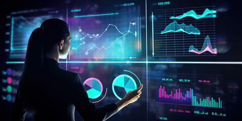 Data Science researcher: Creating Data Visualization Dashboard with Futuristic Computer Screen in Digital Art Style. generative ai.