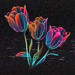 Glitched glowing neon tulips. Abstract glitch background. Cyberpunk wallpaper in a style of 80's. Futuristic concept. EPS 10. Creative graphic design for poster, brochure, flyer and card.